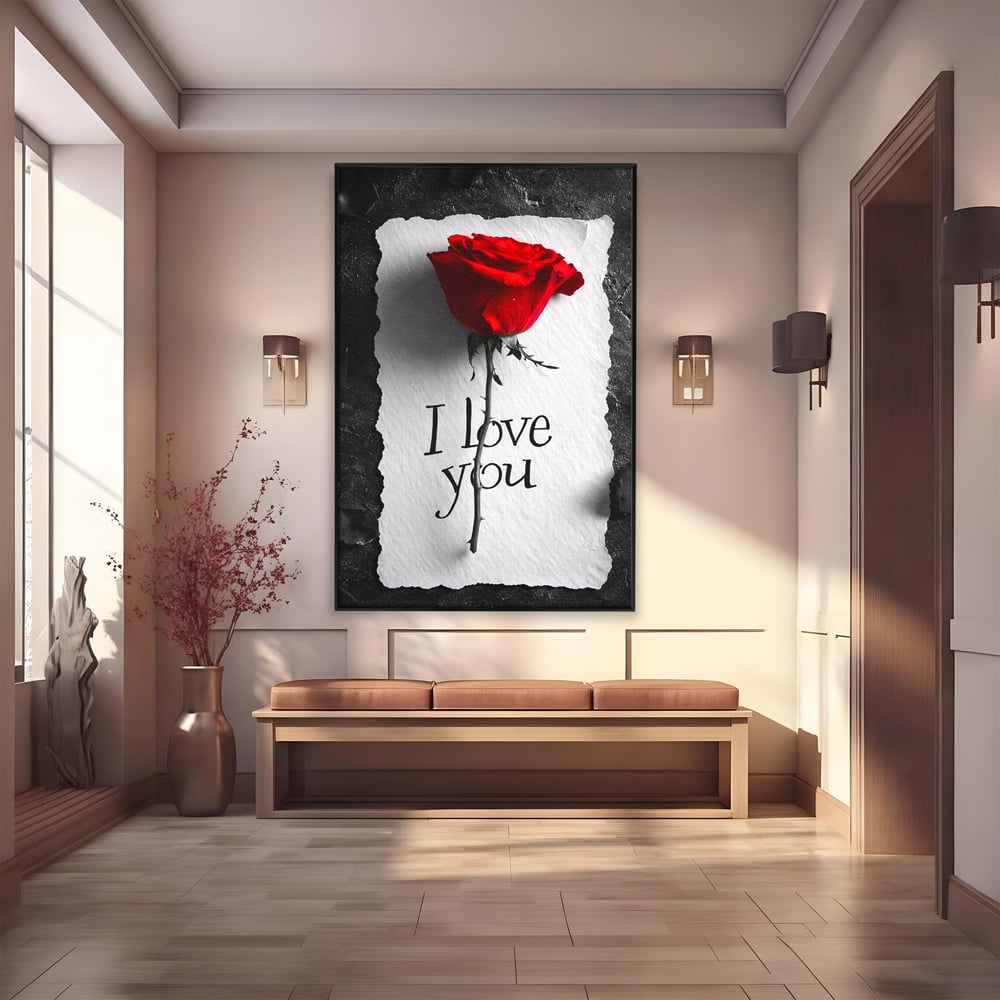 Tablou canvas cu tablou vertical cu trandafir rosu si mesaj, in rama de aluminiu negru